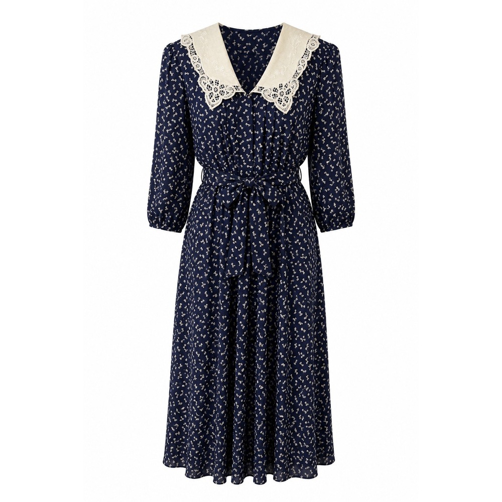 Liz Roberts Vintage Navy Bow Print Dress Lace Embroidered Collar Size 16